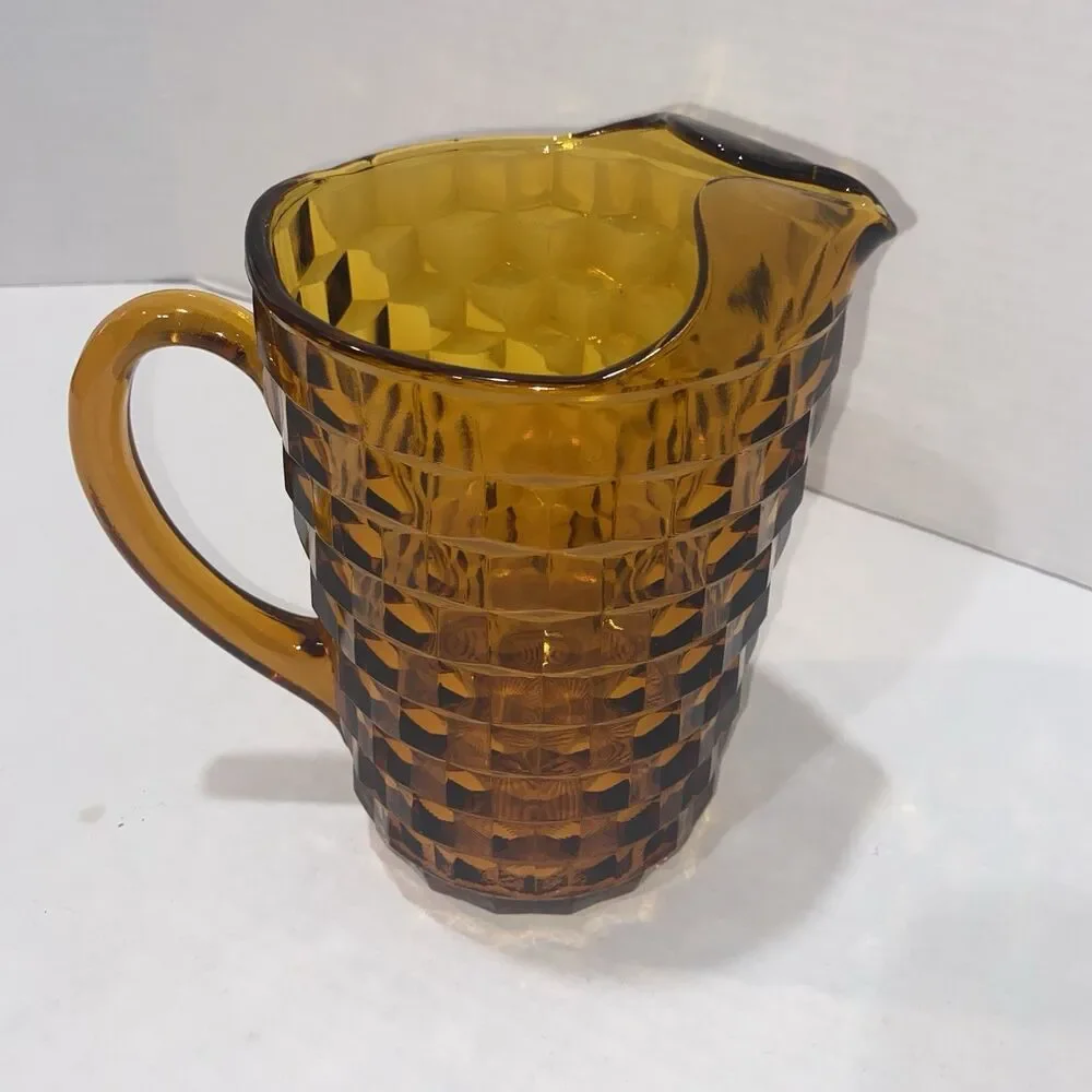 Indiana Glass Whitehall Amber Pitcher Cubist Pattern 8